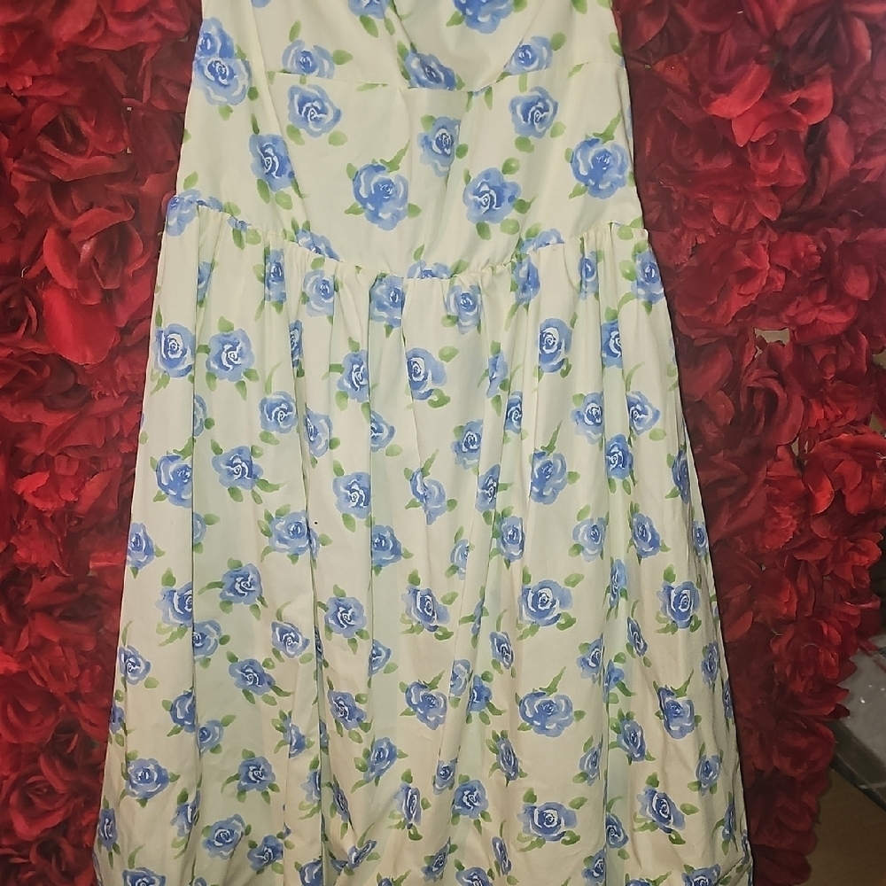 HYFVE NWOT Strapless Floral Print Dress with Blue Roses Size Large